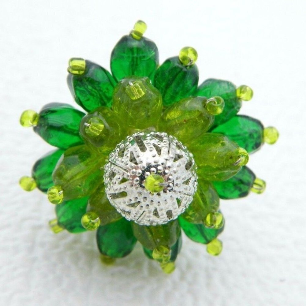 Vintage Silver Tone Green Bead Beaded Glass Adjust